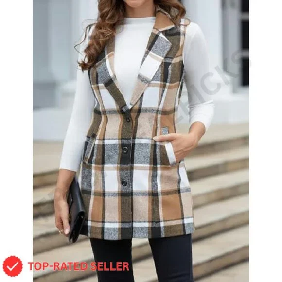 Sleeveless Wool Plaid Vest Classic Chic Slim Fit Fall Winter Outerwear - Picture 5 of 7